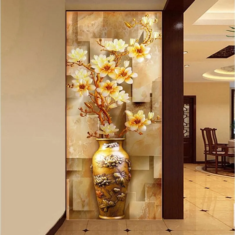 

Beibehang 3d room wallpaper landscape entrance three - dimensional elegant magnolia vase large entrance picture murals wallpaper