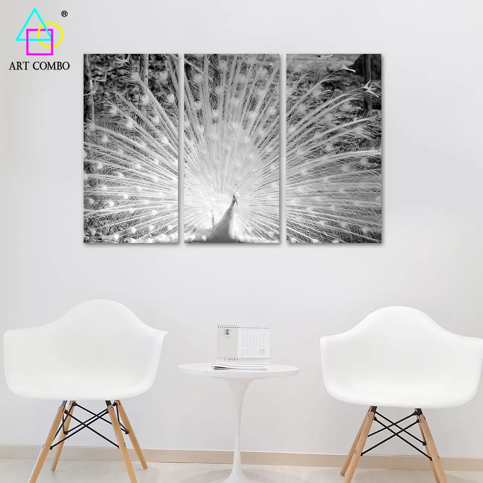 3 Панели Живопись Животных Черный Белый Картина Павлин Открытие Экрана Домашнего