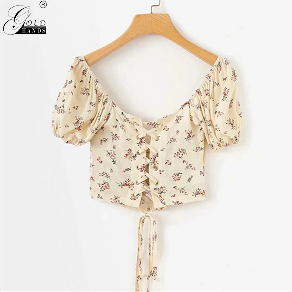 Gold Hands Fashion Vintage Floral Print Women Crop Tops and Blouse 2019 Summer Sexy V Neck Backless Lace up Short Shirt Girls | Женская