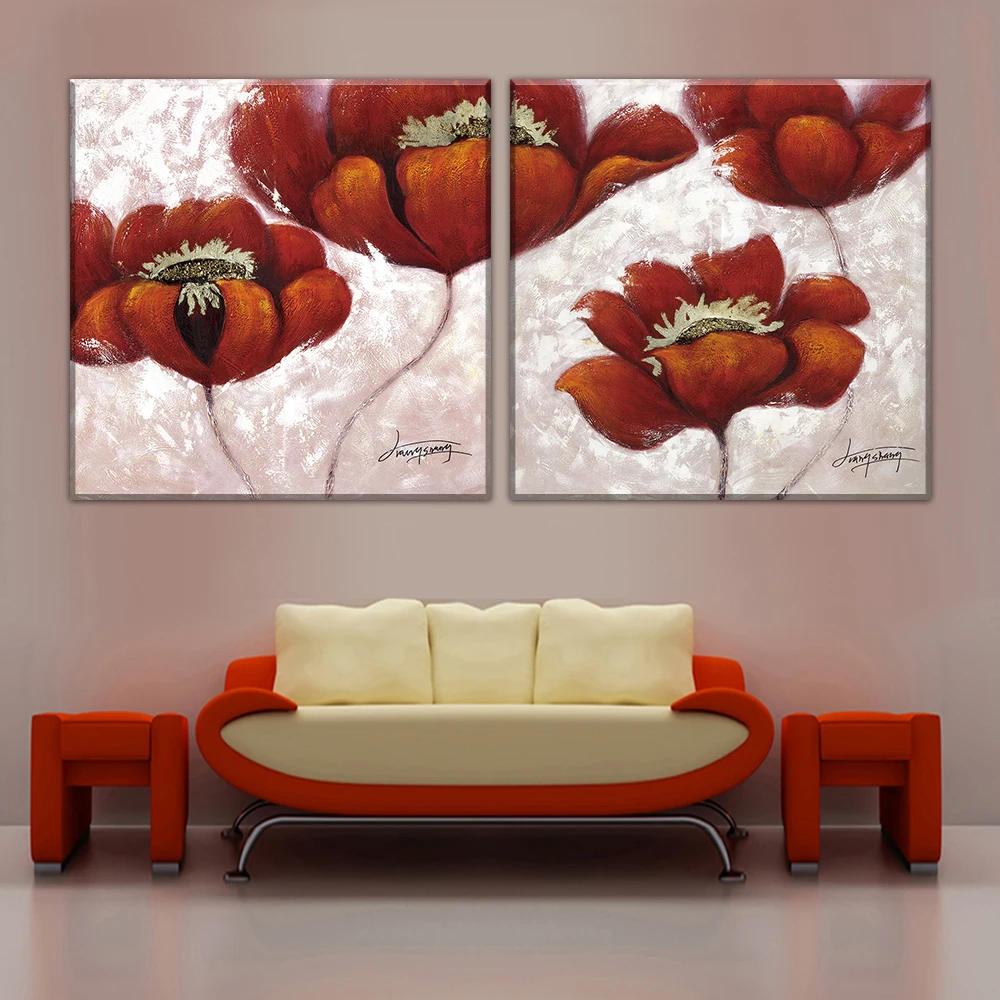 2 панели абстрактная красная Цветочная Современная печать Безрамная картина