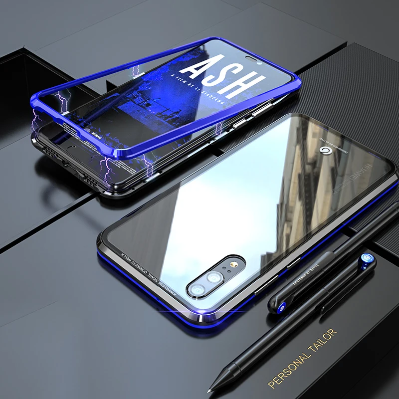 Роскошный металлический магнитный чехол для huawei P20 PRO, чехлы с откидной крышкой для huawei P20 Lite, бампер из закаленного стекла, металлическая рамка, чехол - Цвет: Black Blue