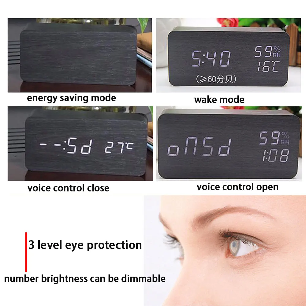 

Digital Electronic Alarm Clock LED Table Light Wooden Voice Control Desk Lamp Smart Wake up Color Number Bedside Lamp for Home