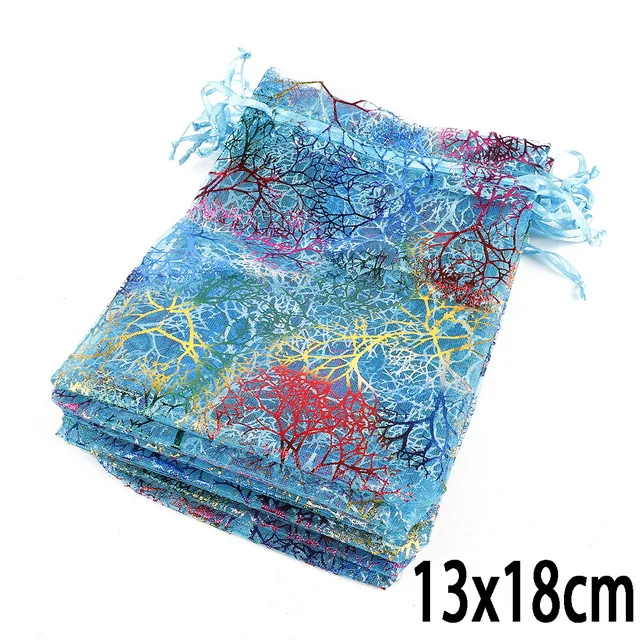 Blue 13x18cm 10 шт., 50 шт., изысканный коралловый дизайн, сумки из органзы на шнурке, белые, синие Упаковочные сумки, свадебные подарочные сумки, сумки для ювелирных изделий - Цвет: Blue 13x18cm