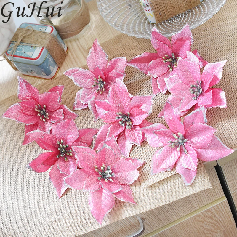 8pcs Colorful Artificial Flowers Christmas Tree Ornament Gold Silver Sticky Powder Flower New Year Home Party Hanging Prop Decor | Дом и сад
