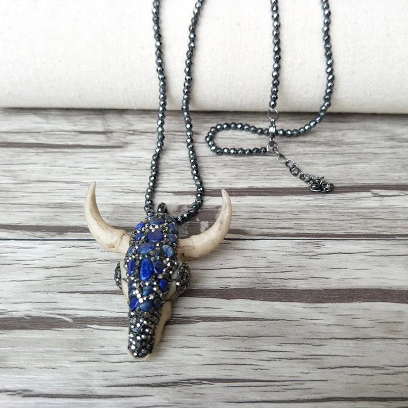 

5 Strands Hematite beads necklace horn cattle Tau Pendant pave Crystal Rhinestone Stone Boho necklaces for women NK383