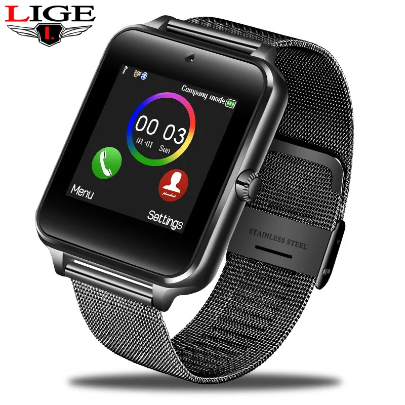 Black LIGE, новинка, Роскошные Модные Смарт-часы, мужские, информация, напоминание о звонках, светодиодный, большой экран, дисплей, SIM, TF карта, спортивные мужские Смарт-часы - Цвет: Black