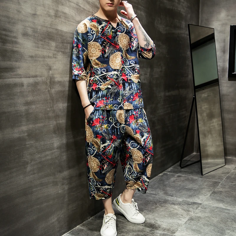 

Men's Sets Streewear 2020 Cotton Linen Tracksuit Male Summer Men Printed Chinese Style Three Quarter Track Suit