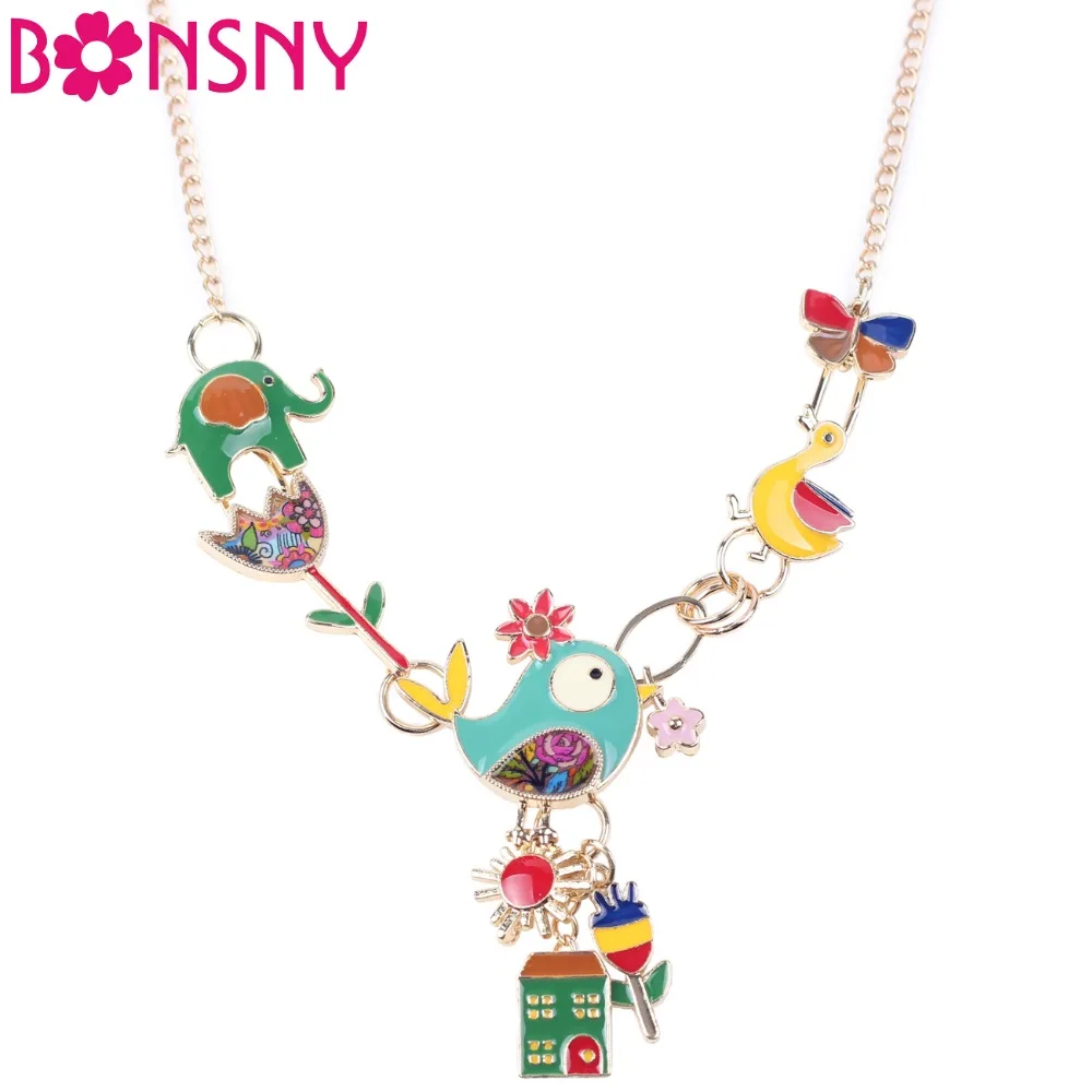 

Bonsny Maxi Alloy Elephant Bird Duck Necklace Chain Enamel Jewelry Colorful Pendant New Fashion Jewelry For Women Statement