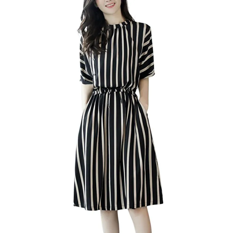 

New Vertical Striped Half Sleeve Summer Slim Dress A-Line Stripes 3XL Empire Waist T-Shirt Tunic Shift Party Dress Vestidos W3