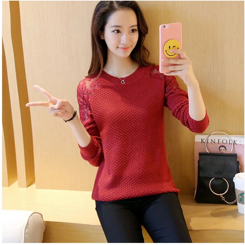 2018 spring hot O-neck long sleeve Women pullover sweater autumn fashion shoulder lace transparent knitted blouseLU513 | Женская одежда
