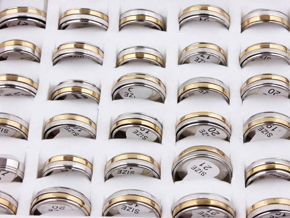 Phoebus Wholesale Lots 20pcs boutique men's stainless steel Gold rotatable ring finger tide personality Mens turn rings | Украшения и