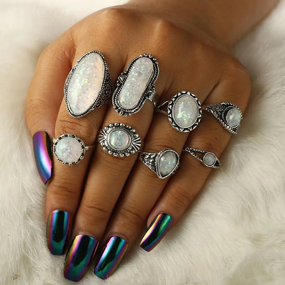 mrwonder 8pcs/set Geometric Pattern Crystal Rings Set Simulate Opal for Women Party Supplies san0 | Украшения и аксессуары