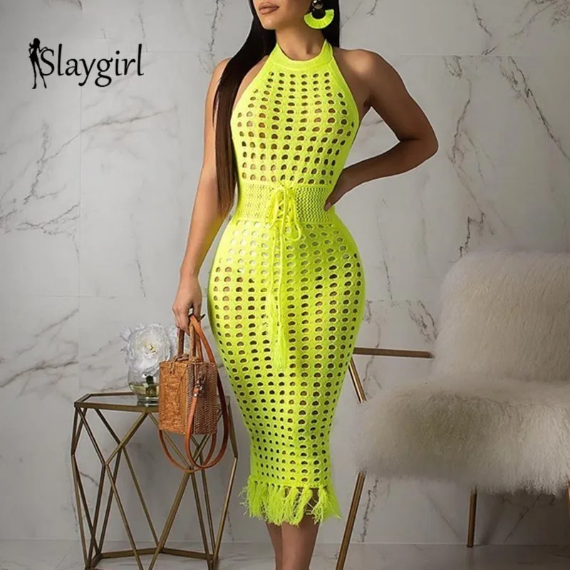 Зеленый Slaygirl, сексуальное летнее платье, женское, с вырезом, облегающее платье, с открытой спиной, однотонное, миди, без рукавов, для вечеринок, Клубное, с бретельками, модное - Цвет: Зеленый