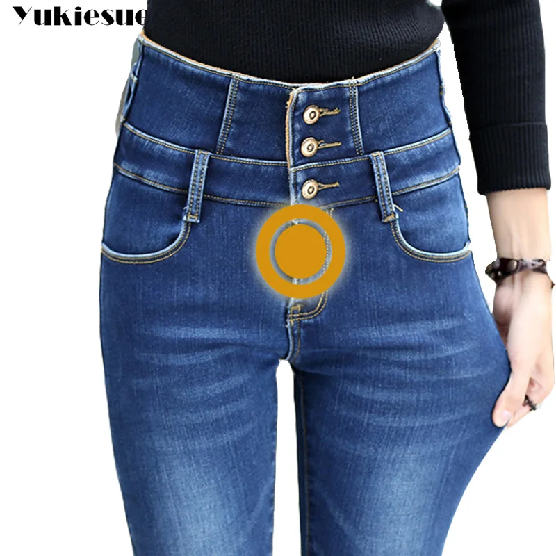 Женские джинсы с высокой талией 2017 зимние теплые вельветовые флисовые