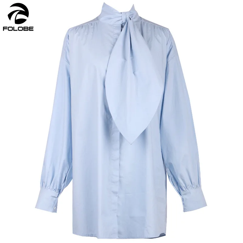 

FOLOBE Lace Up Shirt Female Lantern Sleeve Single Breasted White Leaf Collar Long Blouse Tops For Women Spring Fashion Clothing