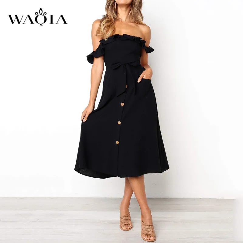 WAQIA Sexy Bow Backless Printed Beach Summer Dress Women 2019 Ruffles Strapless Buttons Black Pink Off Shoulder Midi Dresses | Женская