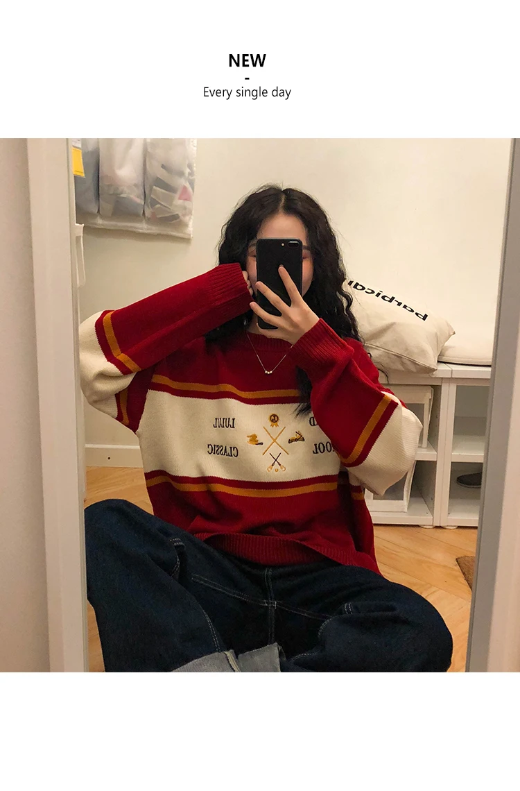 Woherb женский корейский Harajuku полосатый свитер женский пуловер Kawaii Ulzzang вышивка джемпер одежда для женщин 22873