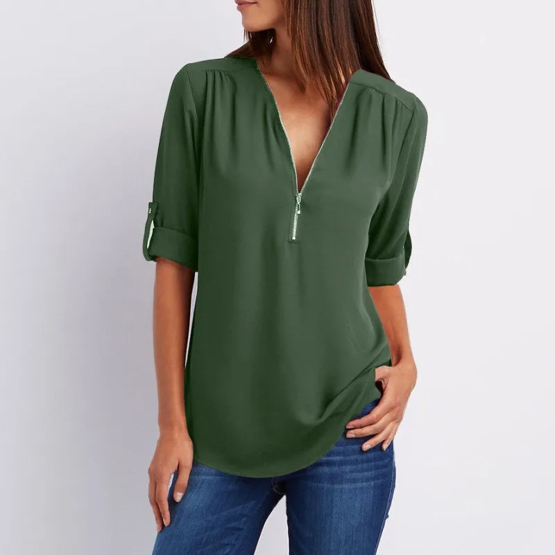 Plus Size 5XL Solid Zipper Shirt Loose Long Sleeve Chiffon Blusas Tops New Women Sexy V Neck Ladies Casual Summer Blouses Mujer
