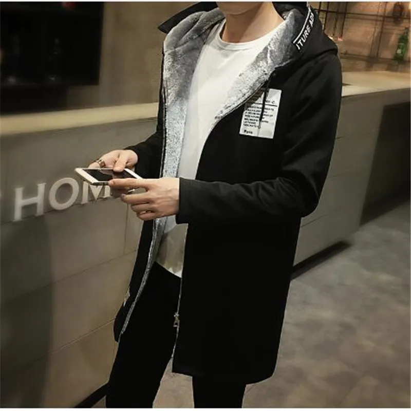 

New 2018 winter thickening fleece long trench coat men fashon print mens overcoat with hooded men's clothing size m-5xl