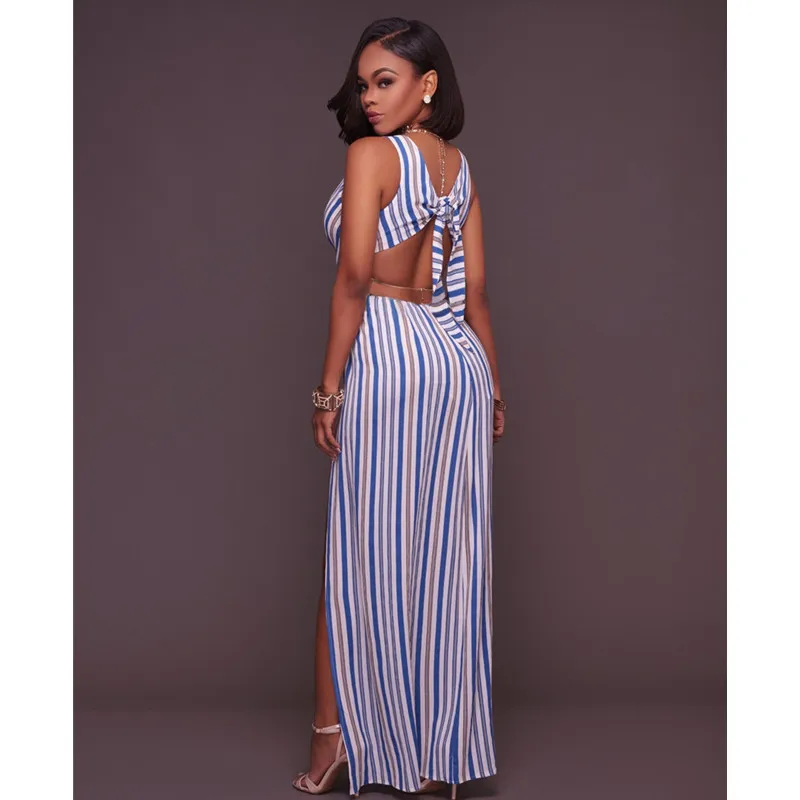 Женское длинное платье в полоску Tsuretobe пляжный сарафан с открытой спиной