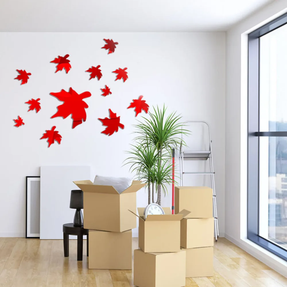 Acrylic 3D Maple Leaf Combination Mirror Effect Wall Sticker Decal Home Decor Autumn maple leaves falling stickers for parlot | Дом и сад