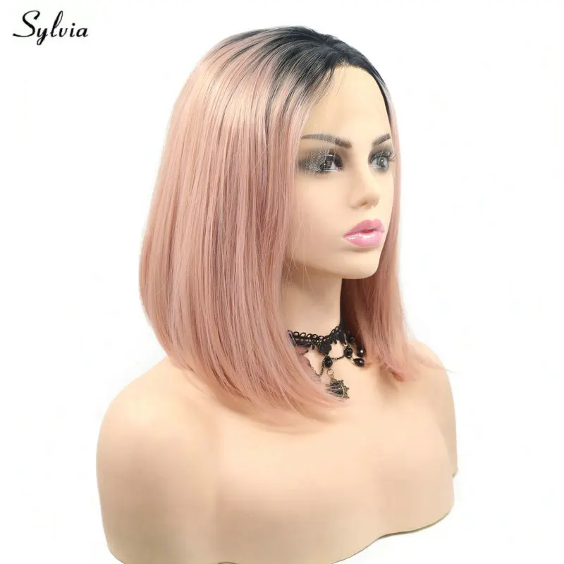 Sylvia 14&quot Black Roots To Pink Lace Front Wig Short Bob Synthetic Women Wigs Heat Resistant Fiber Hair For Summer Female Girls | Шиньоны