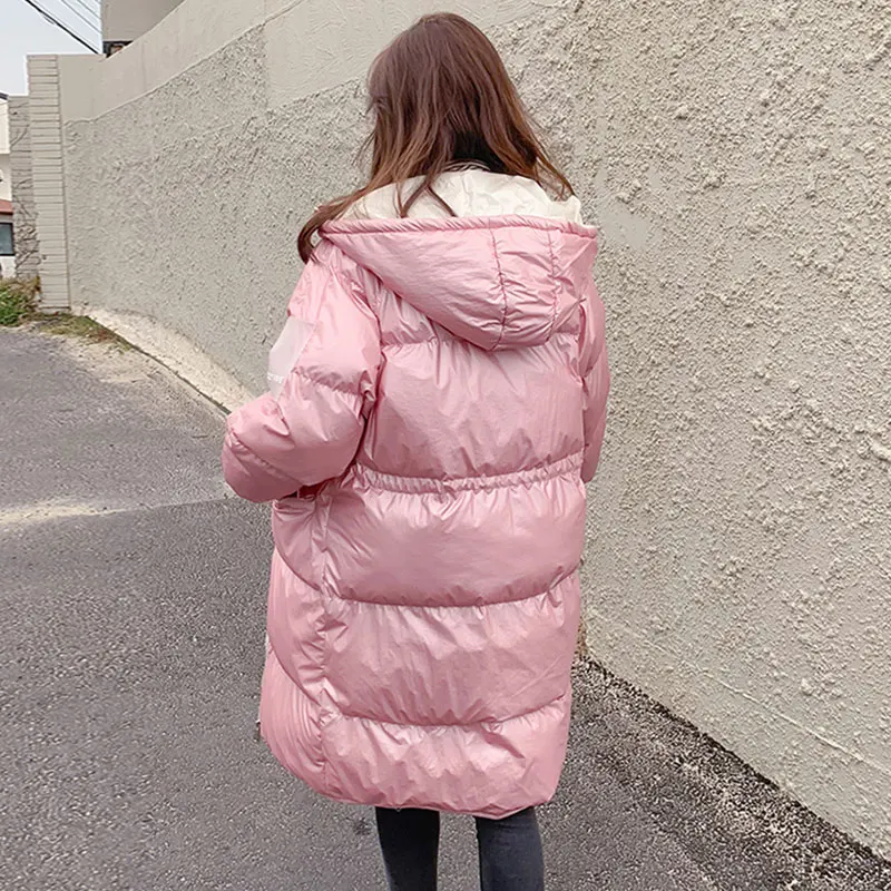 Модные зимние длинные пуховые парки, пальто для женщин, серебряный пуховик с капюшоном, пальто, Лоскутная яркая Двусторонняя водонепроницаемая верхняя одежда 154
