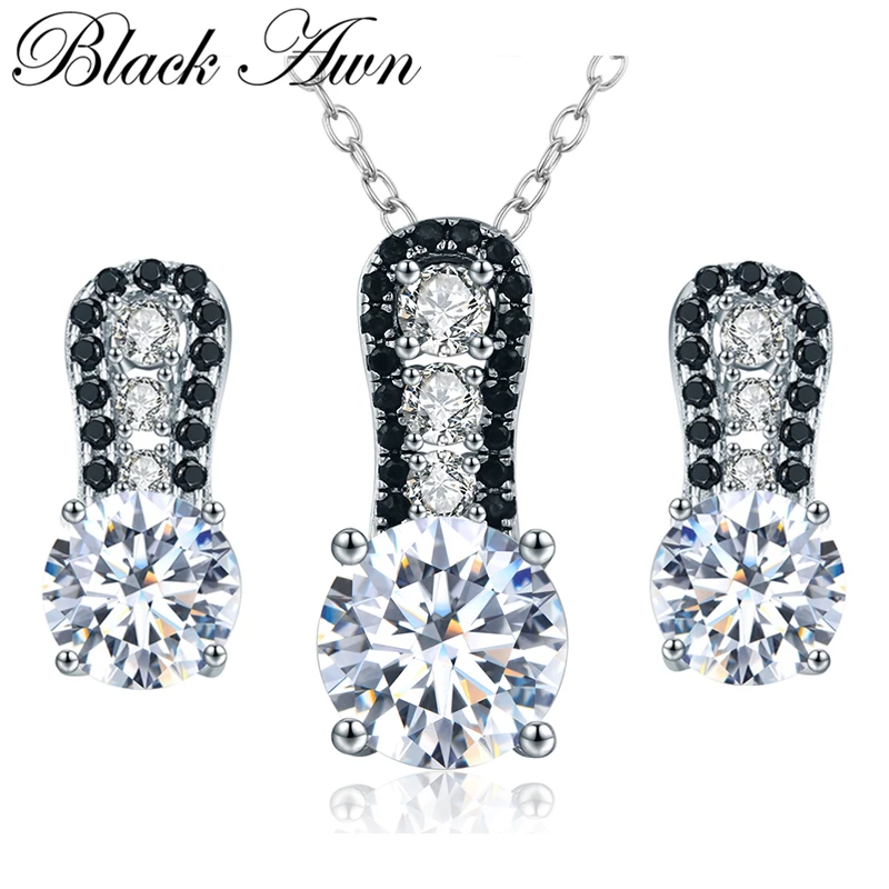 

[BLACK AWN] Real 925 Sterling Silver Jewelry Sets for Women Black Spinel Necklace Pendants Earrings Set Z026