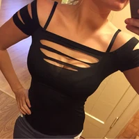 hole style sexy women shirts low cut black bust hollow out sexy bandage solid vest slim short sleeve tops shirt