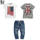 Высококачественный комплект одежды BCS139 для мальчиков из 3 предметов, летняя детская одежда, спортивный костюм для маленьких мальчиков, футболка + джинсы, костюм для детей 2 3 4 5 6T