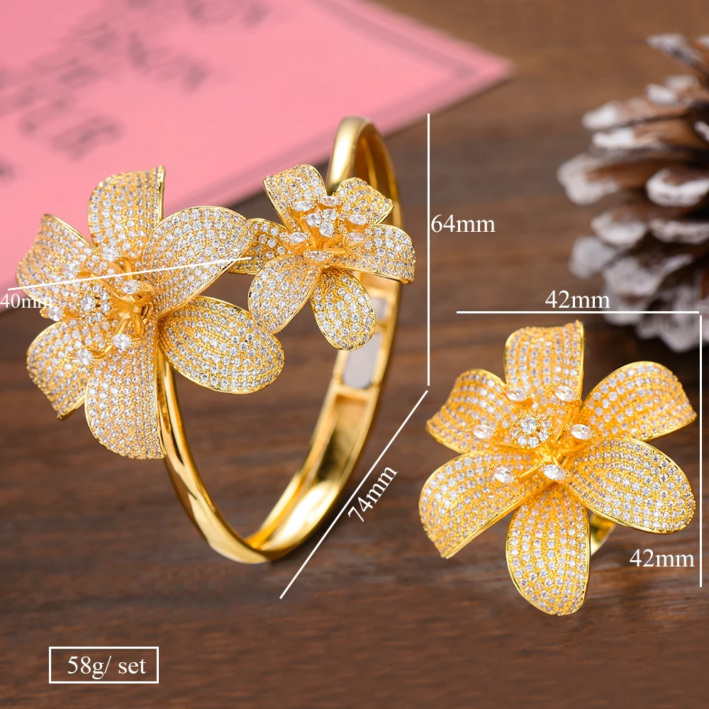 

SISCATHY 2019 Trendy Cubic Zircon Crystal CZ Dubai Bridal Jewelry Set Flower African Bangle/Ring For Women Wedding Jewelry Set