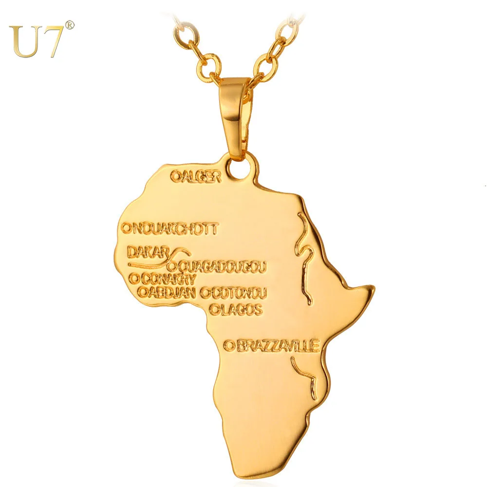 

U7 African Map Pendant Necklace for Men Women Platinum Rose Gold Black 18K Gold Color City Map Hip Hop Jewelry 22inches Chain