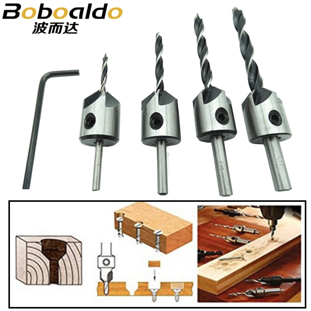 

4pcs HSS 5 Flute Countersink Drill Bit Set Carpentry Reamer Woodworking Chamfer End Milling Wood Tool 3mm-6mm ZK74