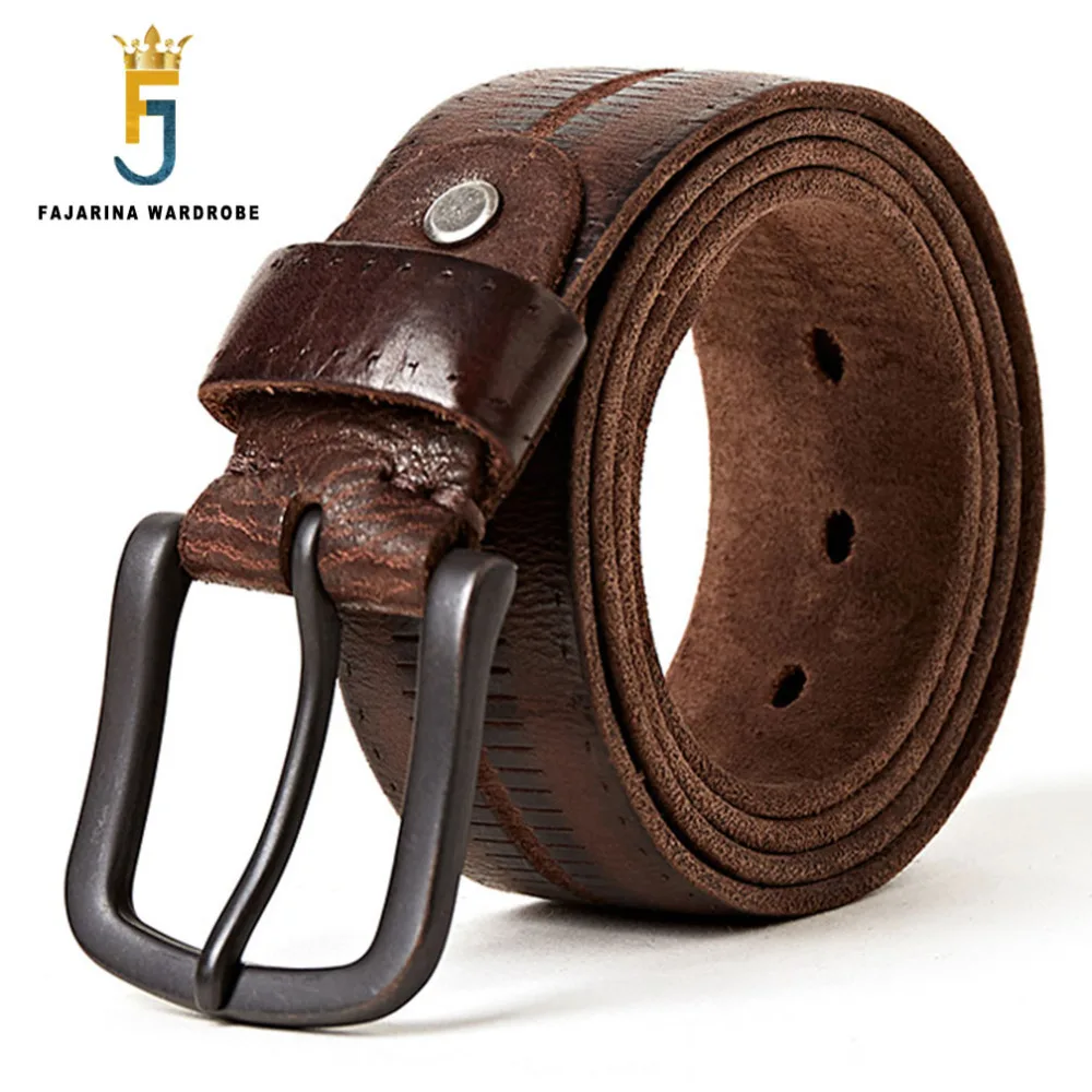 Мужской ремень в полоску FAJARINA из натуральной воловьей кожи с металлической