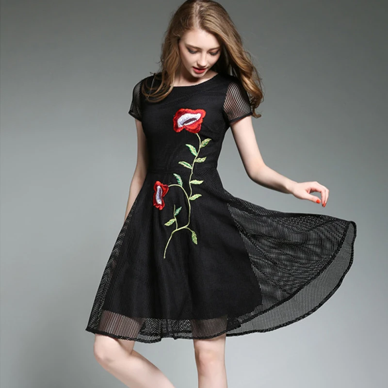 2017 лето dress женщины винтаж партия вышивка цветочница коротким рукавом свадебное