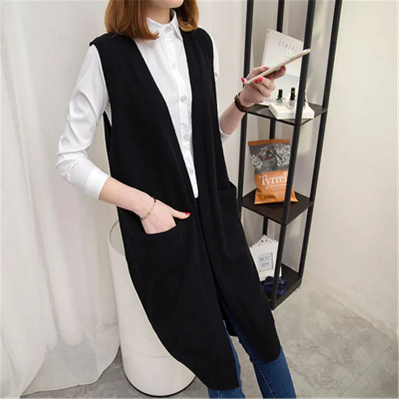 Autumn Sweater Female 2019 New Loose Long Section knitted Outer Vest Sleeveless Cardigan Jumper Outerwear Coats PZ1240 |