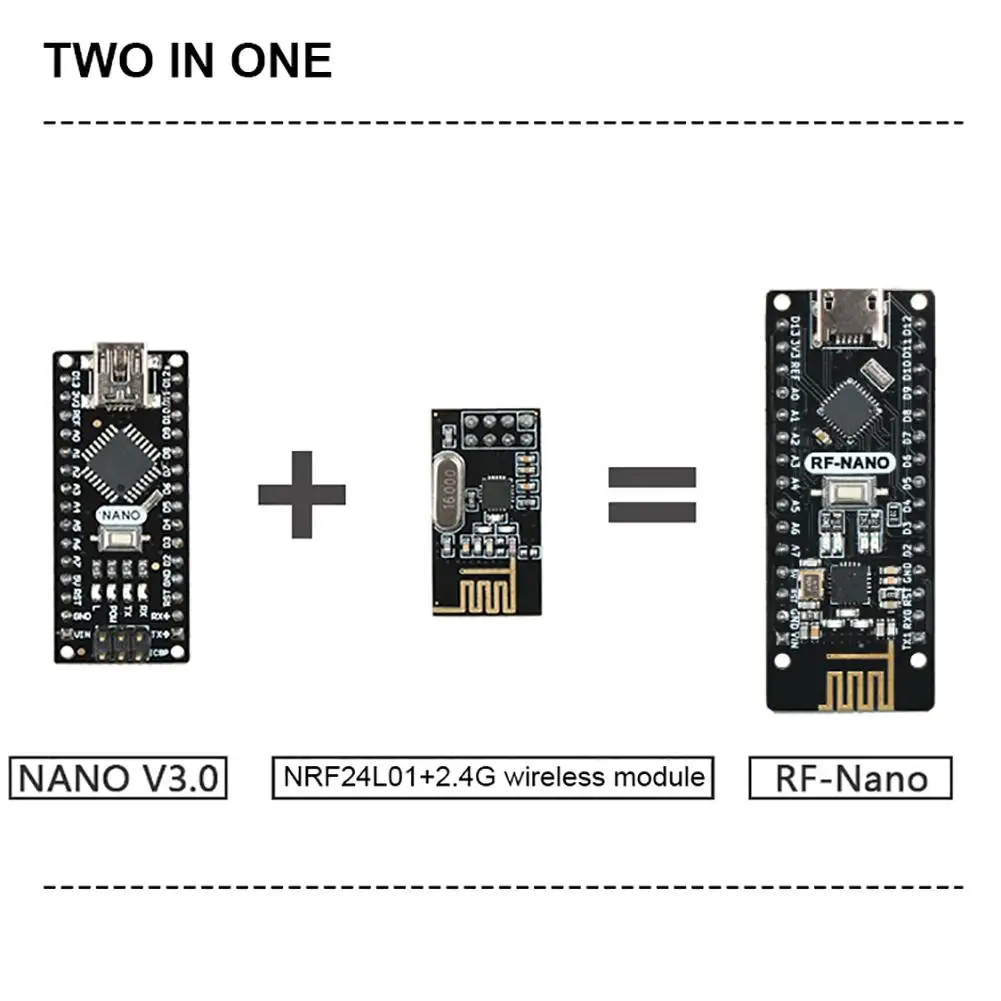 NRF24L01+ 2,4G беспроводной модуль+ Arwino NANO V3.0 = RF-Nano интегрированная плата с USB интерфейсом нанопластина обновления для Arduino