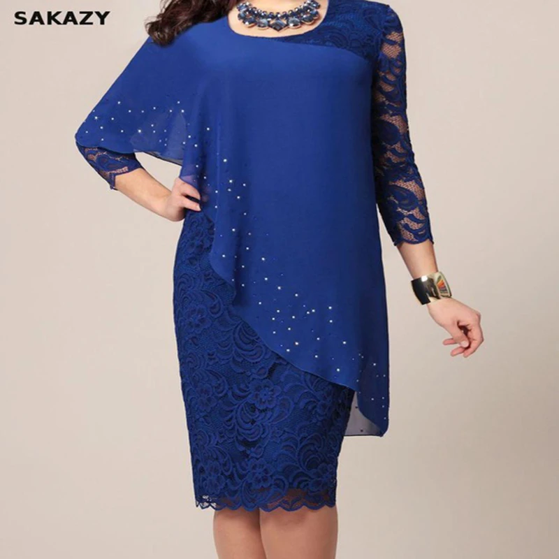 

European Style 2021 Summer Solid Color Lace Dress Female Elegant 3/4 Sleeve Slim Party Chiffon Loose Dress Women Vestidos