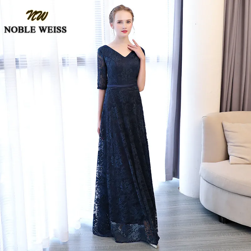 NOBLE WEISS Luxury Navy Blue Lace Evening Dresses Sexy V-neck Long Floor Length Robe De Soiree A-line Tulle Party Prom Gowns | Свадьбы и