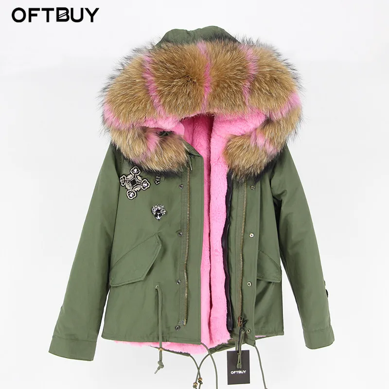 OFTBUY парка с вышивкой бриллиантами цвета хаки, зеленая зимняя куртка, пальто, женские парки, пальто с натуральным мехом енота, воротник теплый - Цвет: 18
