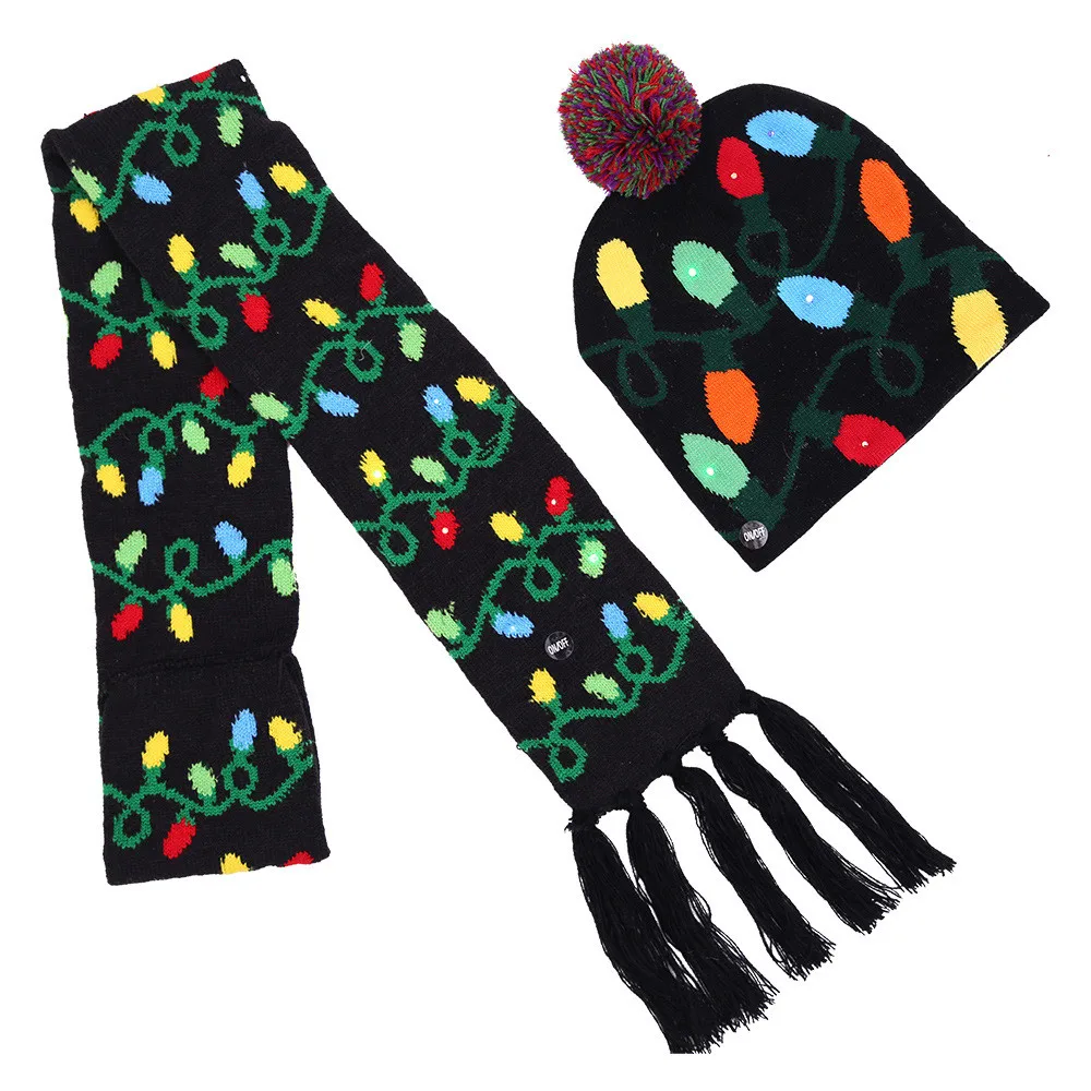 2Pcs Winter Christmas Kids Baby Boy Girl LED Light Hat Cartoon Cotton Tree Xmas Knitted Beanie Cap Scarf Set decorations Gifts | Детская