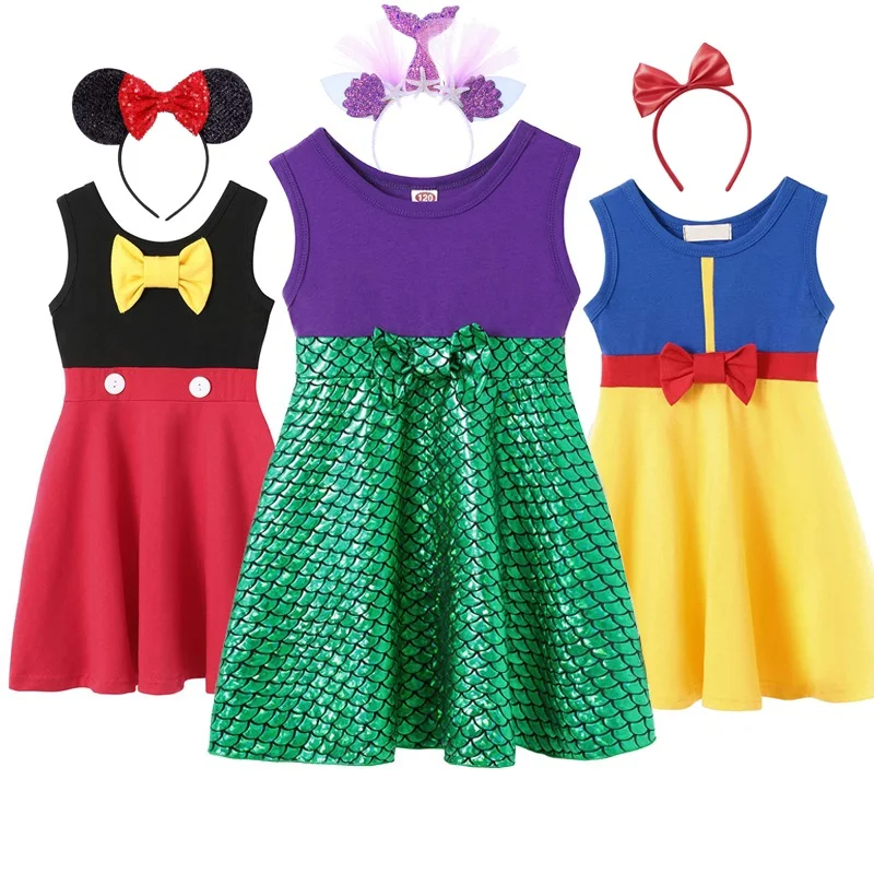MUABABY Kids Princess Summer Dress for Girls Child Snow White Belle Mickey Casual Cotton Birthday Costume with Accessories | Детская