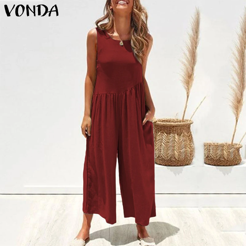 Женские комбинезоны VONDA, летние сексуальные однотонные Свободные Комбинезоны без рукавов, повседневные широкие длинные штаны, брюки