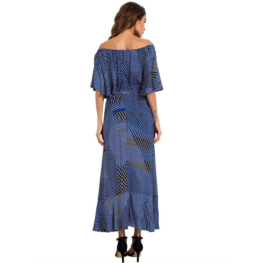 Платье макси с открытыми плечами осень Новое поступление 2017 года печатные