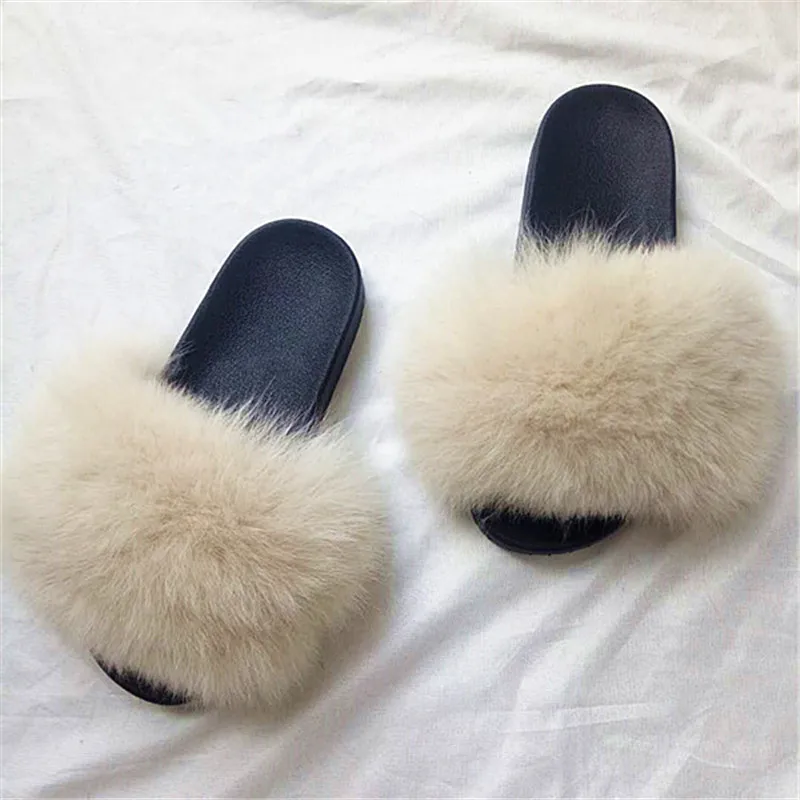 Женские шлепанцы с натуральным лисьим мехом модные на плоской подошве сезон