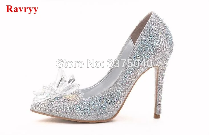 

Ravryy New Rhinestone High Heels Shoes Women Pumps Pointed toe 9cm heel Woman Crystal Wedding Shoes 35-42