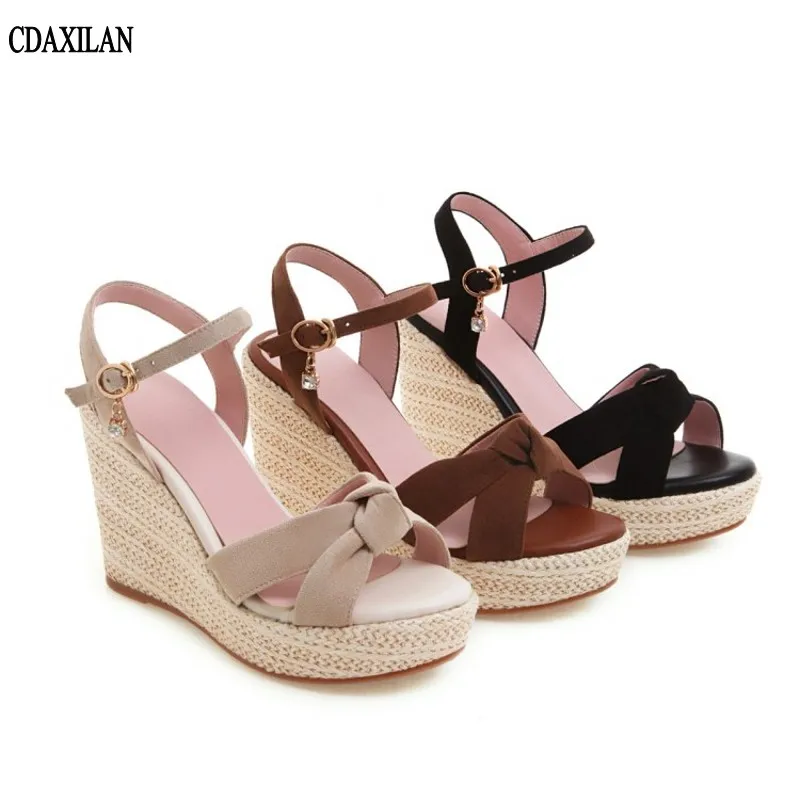 

CDAXILAN new arrivals sandals women faux suede wedges ankle wrap buckle strap platform super high heel sandals brown black beige