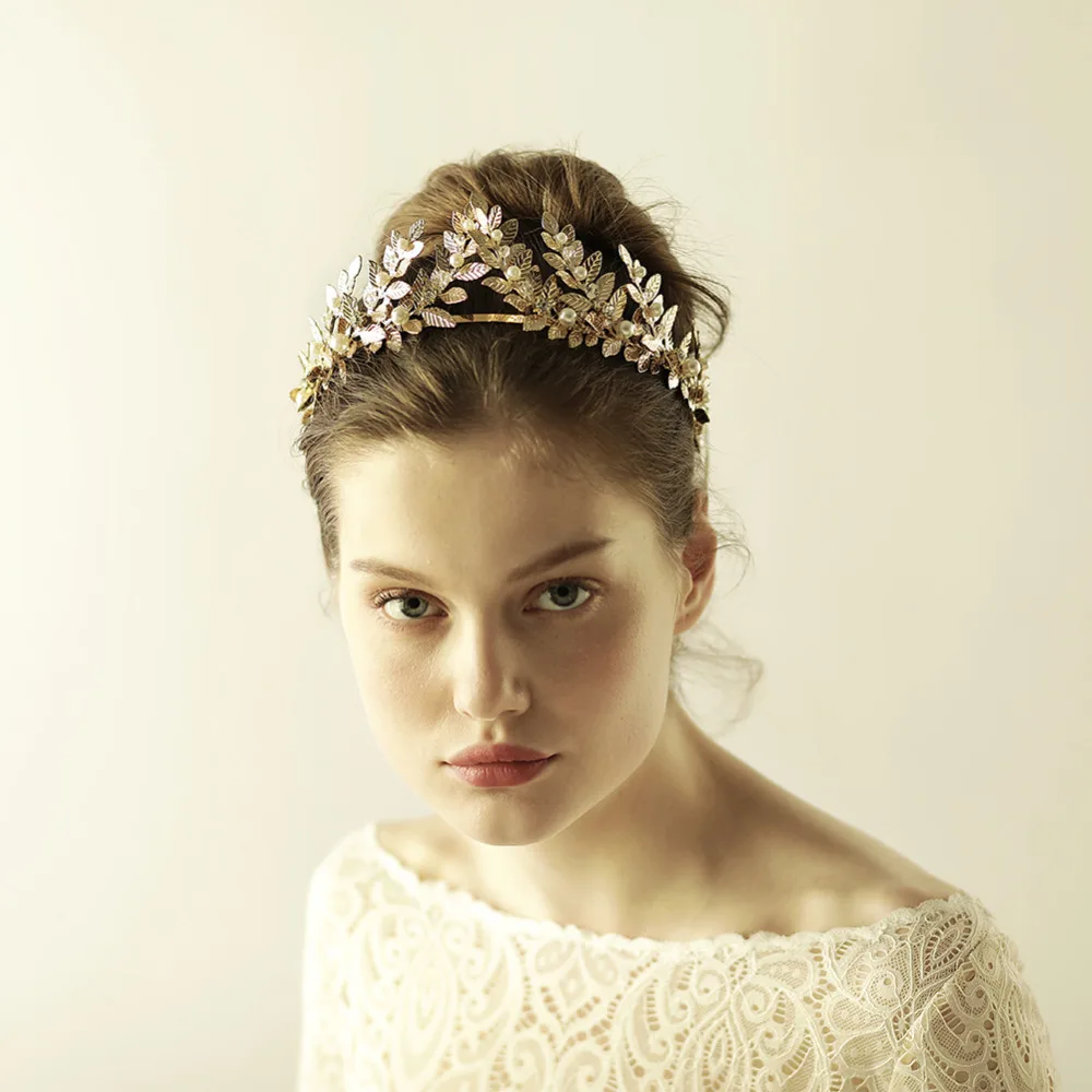 

Gold Leaf Crown Wedding Tiara Pearls Hair Accessories Bridal Hairband Vintage Women Piece Hair Jewelry