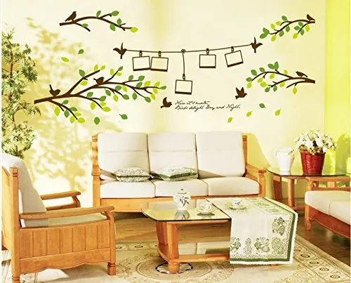 Съемные настенные наклейки ПВХ зеленые ветви с любовными птицами и