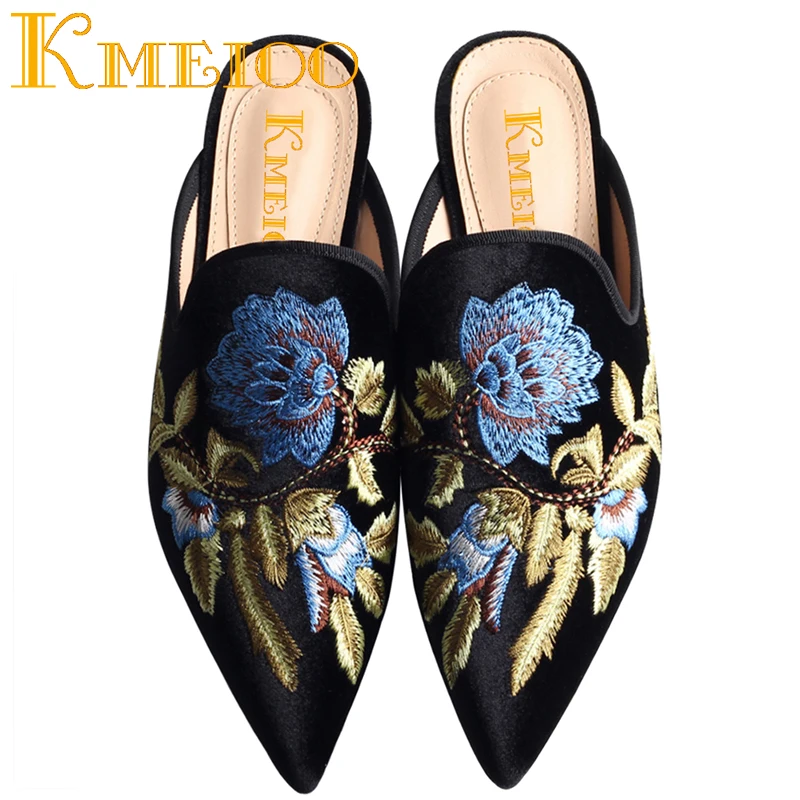 Женские туфли без задника Kmeioo модные с вышивкой на плоской подошве мюли сланцы